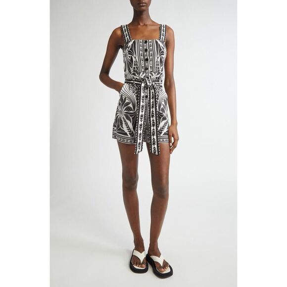 Farm Rio Women's Black White Patterned Sleeveless Linen Blend Romper Medium NWOT - Picture 1 of 11